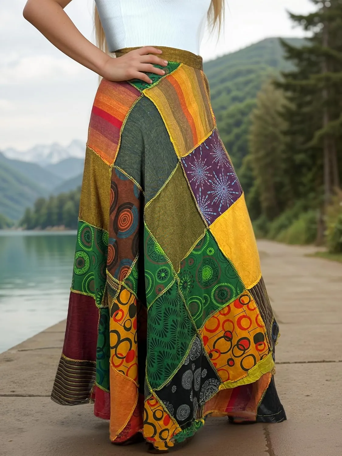 Agan Traders Women's 2025 Summer Boho Maxi Skirt for Fall Patched Tie Up High Waisted Long Skirt Bohemian Wrap Cover Up
