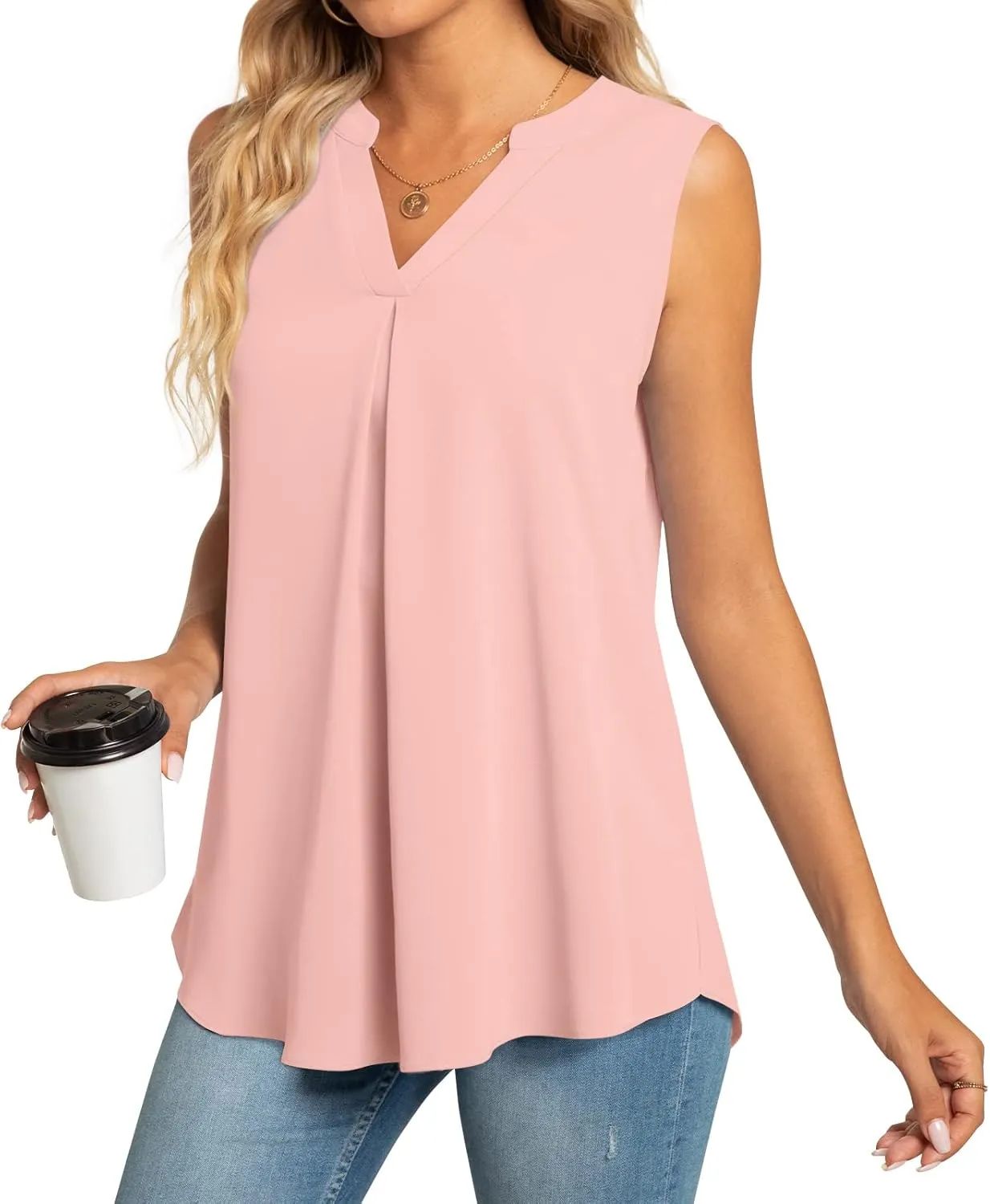Anyhold Women's Chiffon Tank Tops Sleeveless V Neck Blouse Dressy Casual Tops Office Work Shirts