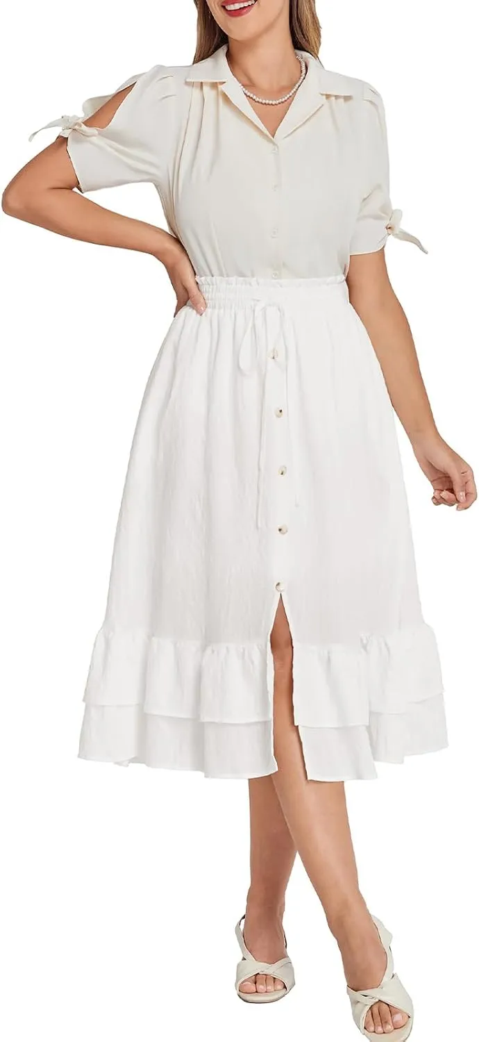 Belle Poque Women's Vintage Midi Skirts Elastic High Waist Button Slit Ruffle Tiered A Line Flowy Skirt with Pockets