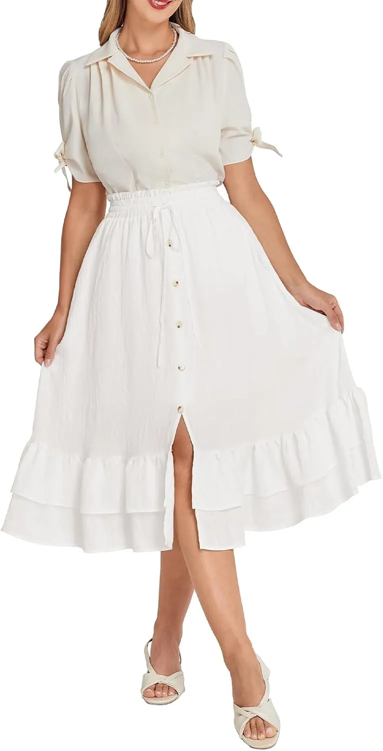 Belle Poque Women's Vintage Midi Skirts Elastic High Waist Button Slit Ruffle Tiered A Line Flowy Skirt with Pockets