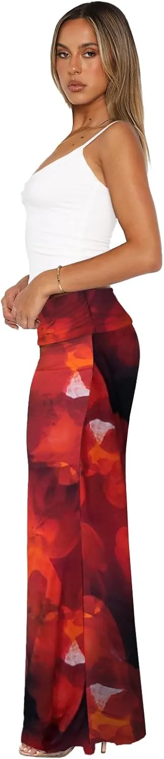 Bodycon Maxi Skirts for Women, Foldover High Waist Floral Leopard Cheetah Print Sexy Club Long Y2k Skirt
