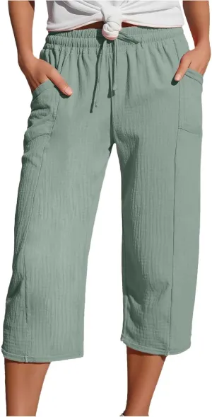 Capri Pants for Women High Waisted Drawstring Wide Leg Linen Beach Cropped Pant Summer Casual Baggy Lightweight Capris