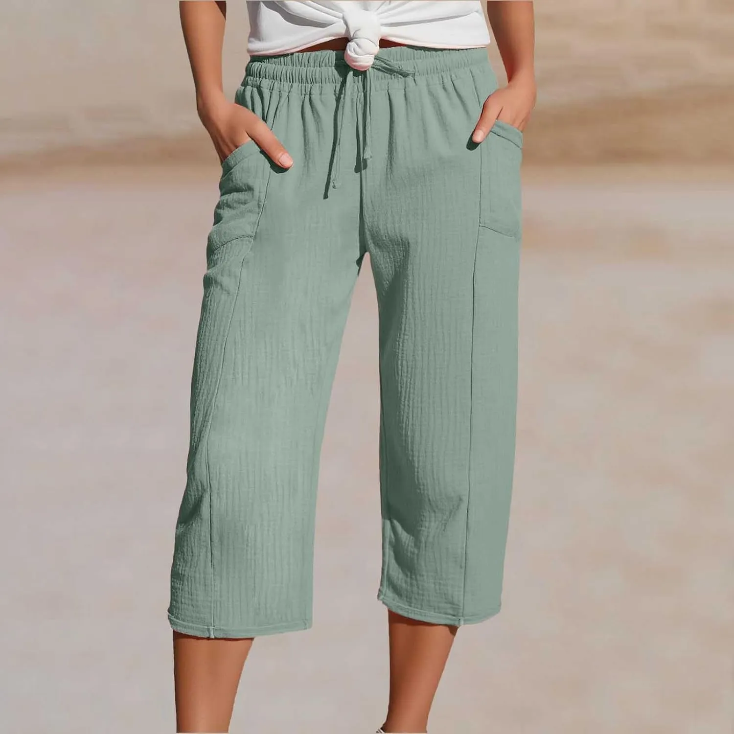 Capri Pants for Women High Waisted Drawstring Wide Leg Linen Beach Cropped Pant Summer Casual Baggy Lightweight Capris