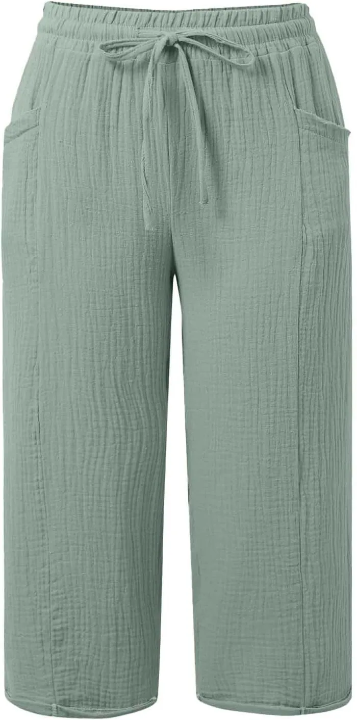 Capri Pants for Women High Waisted Drawstring Wide Leg Linen Beach Cropped Pant Summer Casual Baggy Lightweight Capris