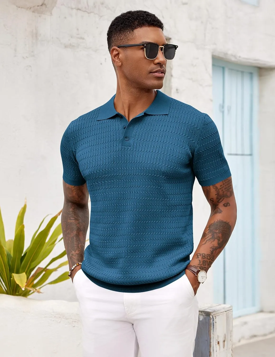 COOFANDY Mens Knit Polo Shirt Short Sleeve Vintage Textured Casual Golf Shirts Summer Beach Top