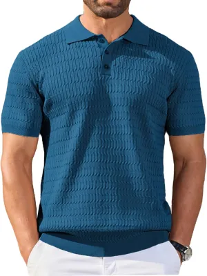 COOFANDY Mens Knit Polo Shirt Short Sleeve Vintage Textured Casual Golf Shirts Summer Beach Top