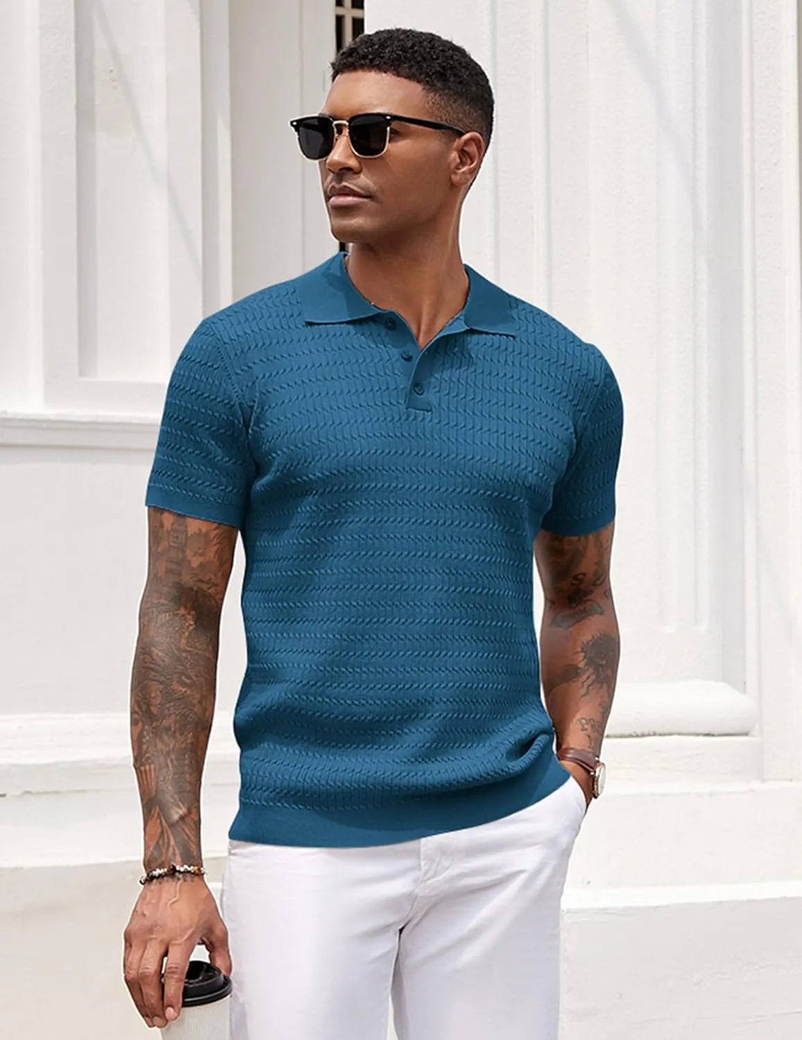 COOFANDY Mens Knit Polo Shirt Short Sleeve Vintage Textured Casual Golf Shirts Summer Beach Top