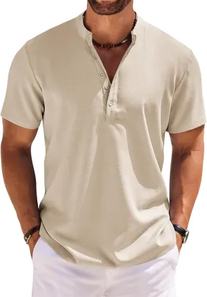 COOFANDY Men's Short Sleeve Henley Shirts Casual Collarless Shirt Band Collar Henley Summer Beach Henley T-Shirt