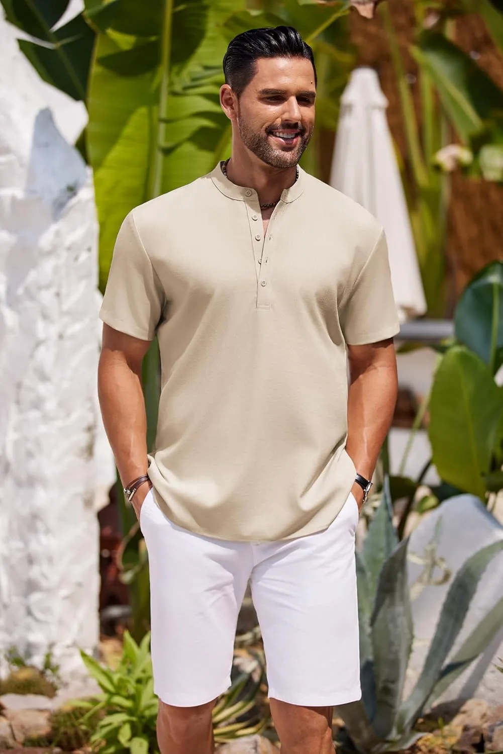 COOFANDY Men's Short Sleeve Henley Shirts Casual Collarless Shirt Band Collar Henley Summer Beach Henley T-Shirt