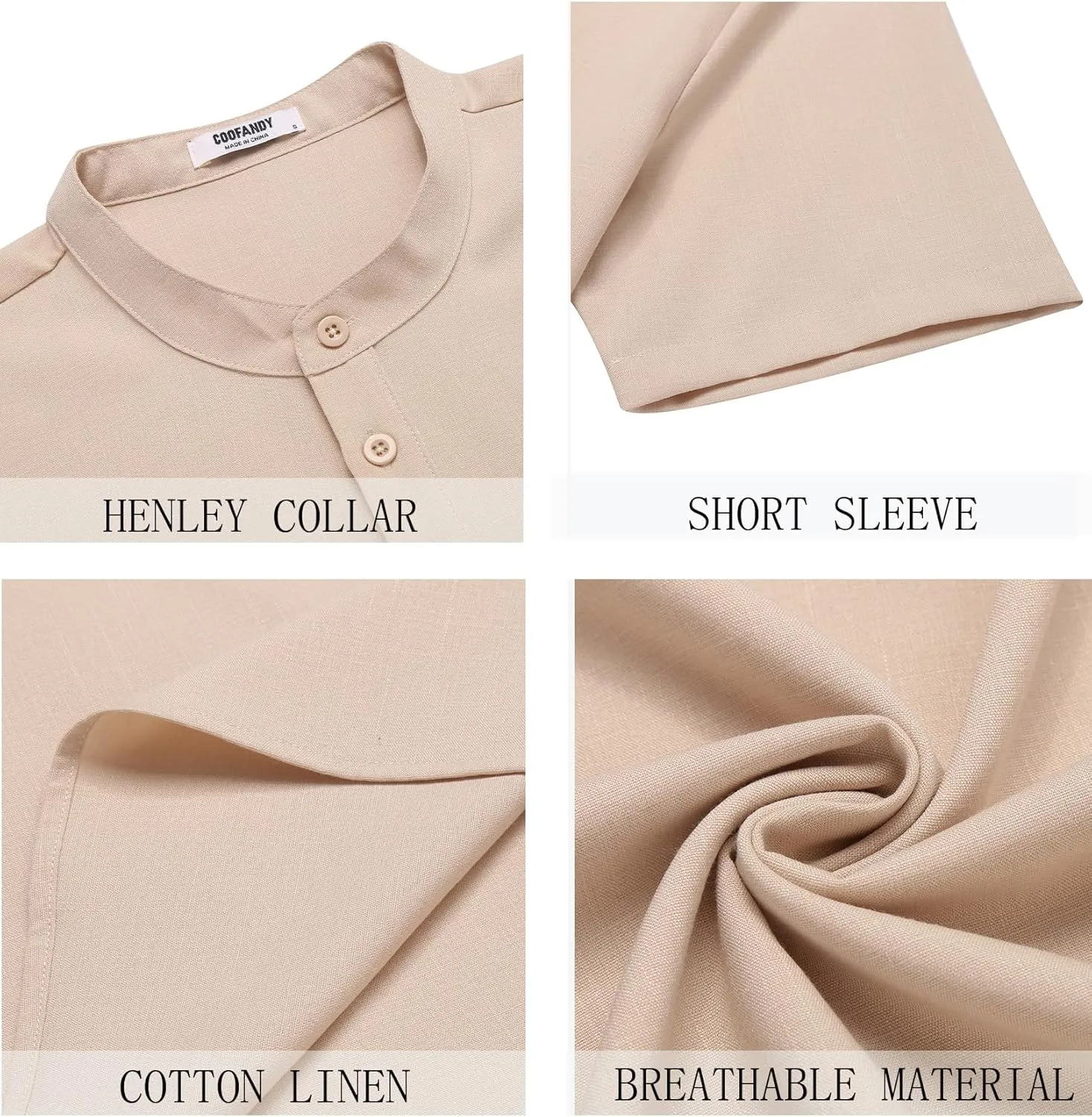 COOFANDY Men's Short Sleeve Henley Shirts Casual Collarless Shirt Band Collar Henley Summer Beach Henley T-Shirt