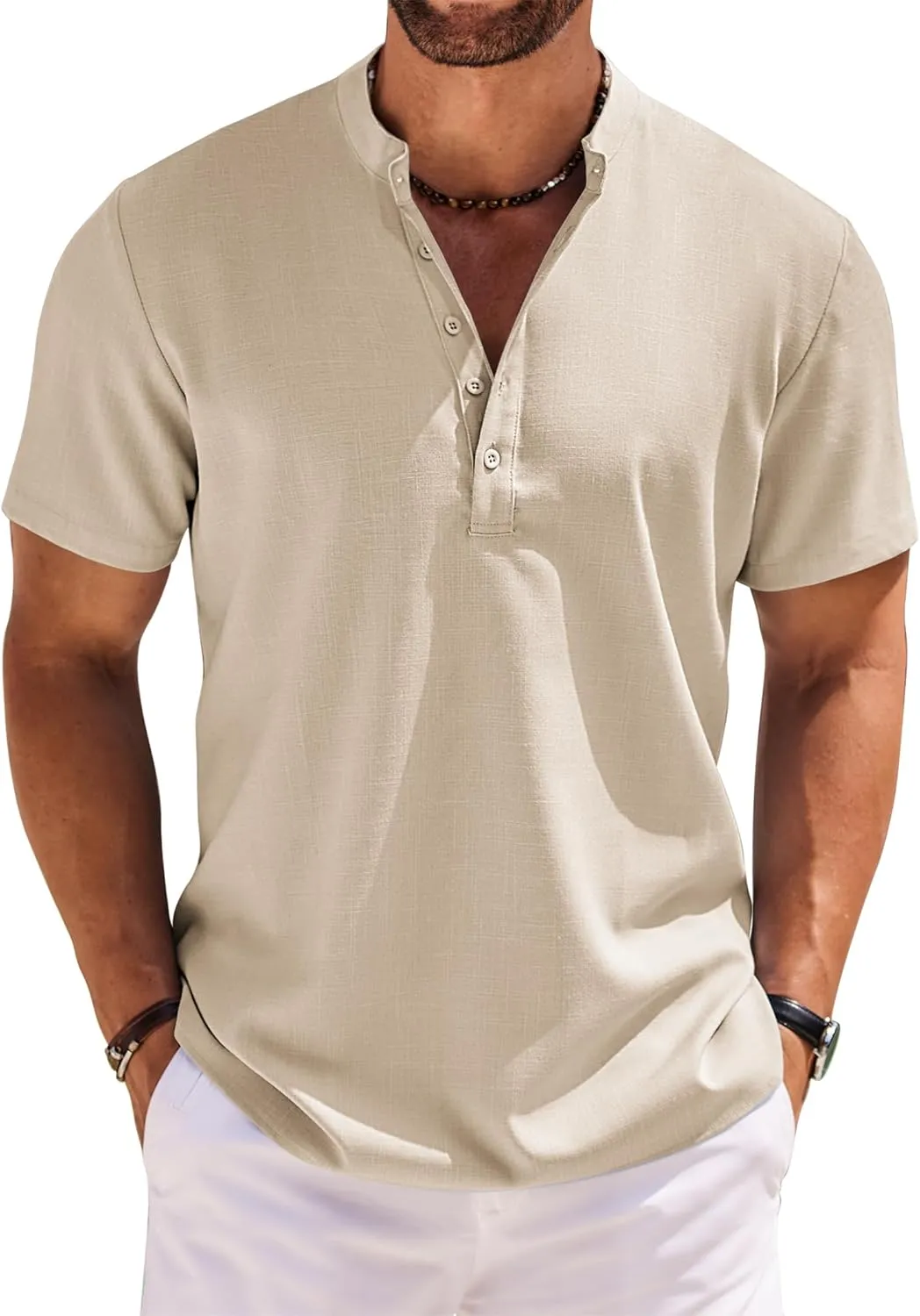 COOFANDY Men's Short Sleeve Henley Shirts Casual Collarless Shirt Band Collar Henley Summer Beach Henley T-Shirt