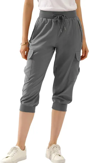 DOUBLJU Lightweight Hiking Capri Pants Sweatpants Women with Pockets Quick Dry Workout Cargo Joggers for Women with Plus Size