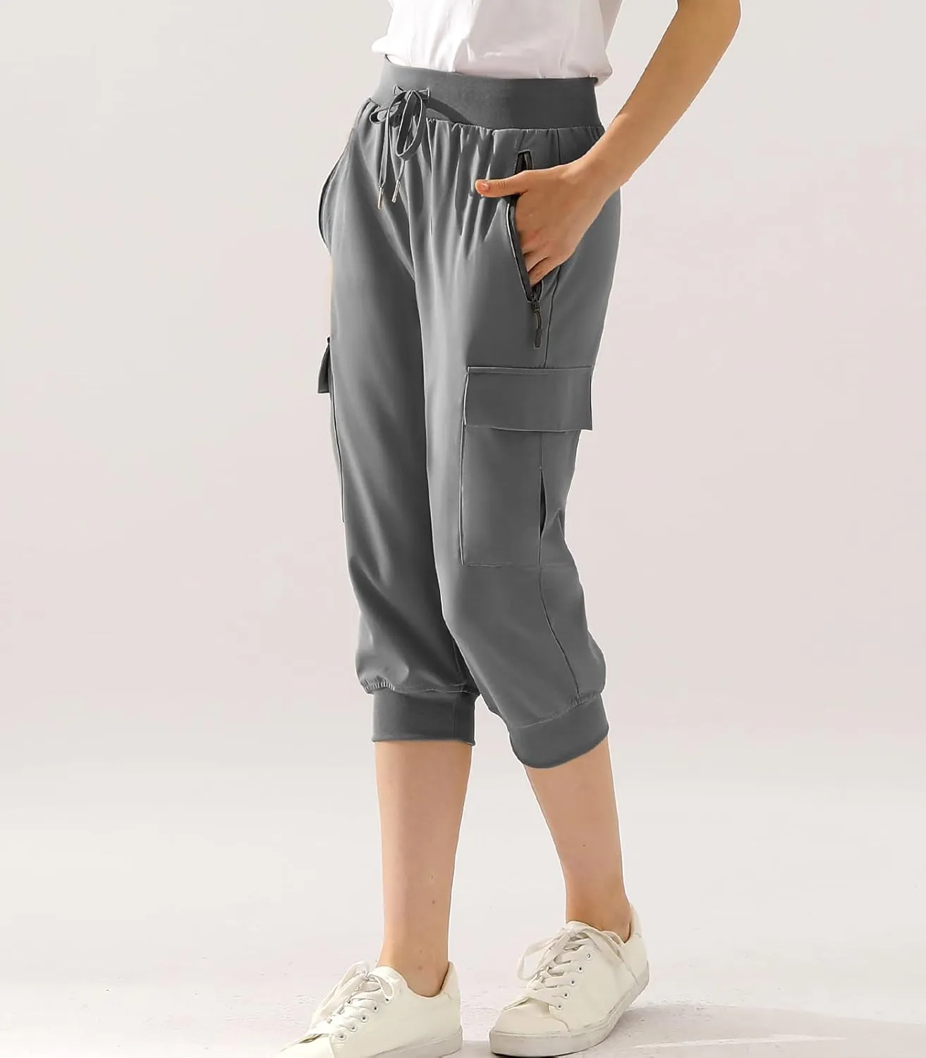 DOUBLJU Lightweight Hiking Capri Pants Sweatpants Women with Pockets Quick Dry Workout Cargo Joggers for Women with Plus Size
