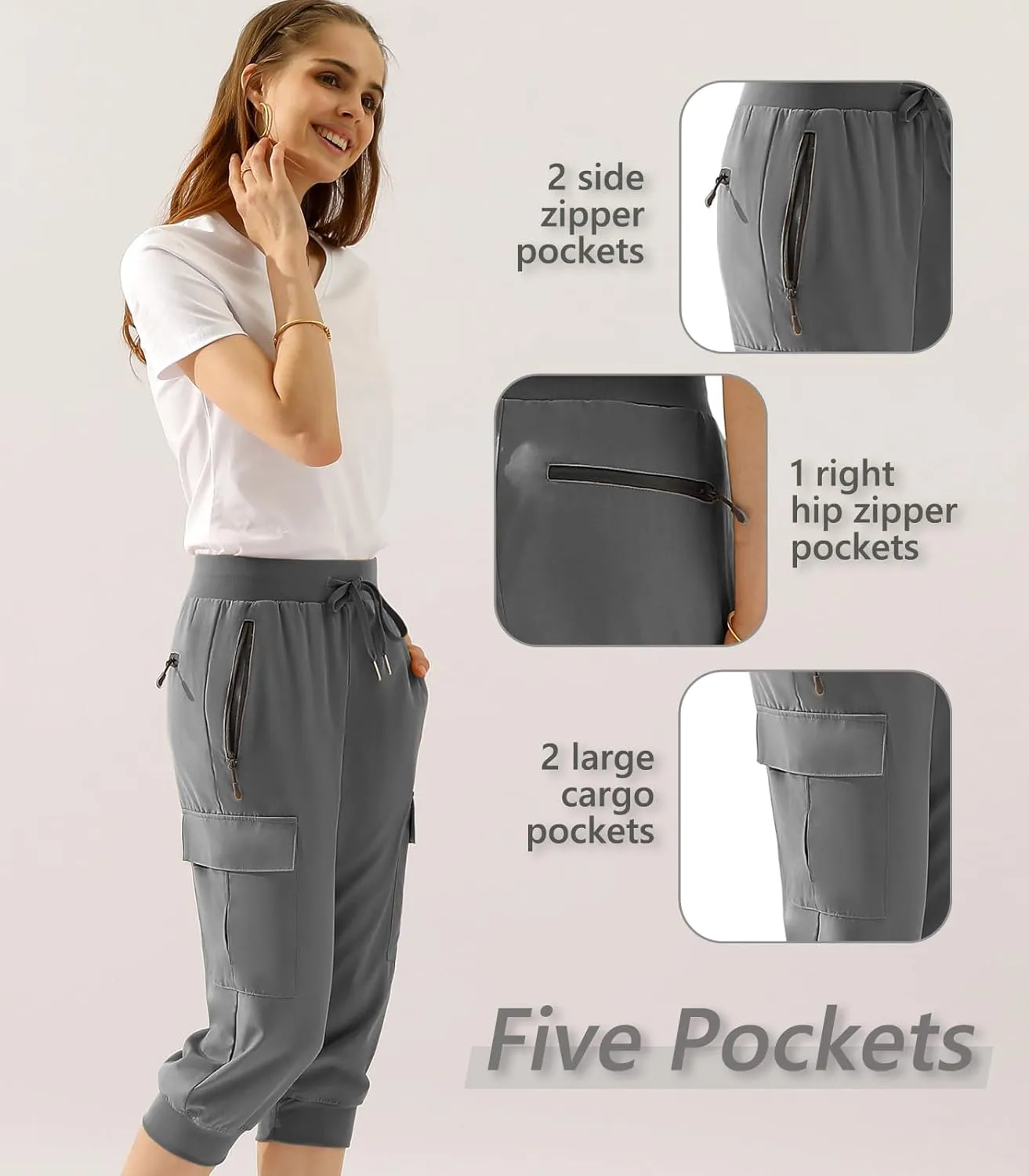 DOUBLJU Lightweight Hiking Capri Pants Sweatpants Women with Pockets Quick Dry Workout Cargo Joggers for Women with Plus Size