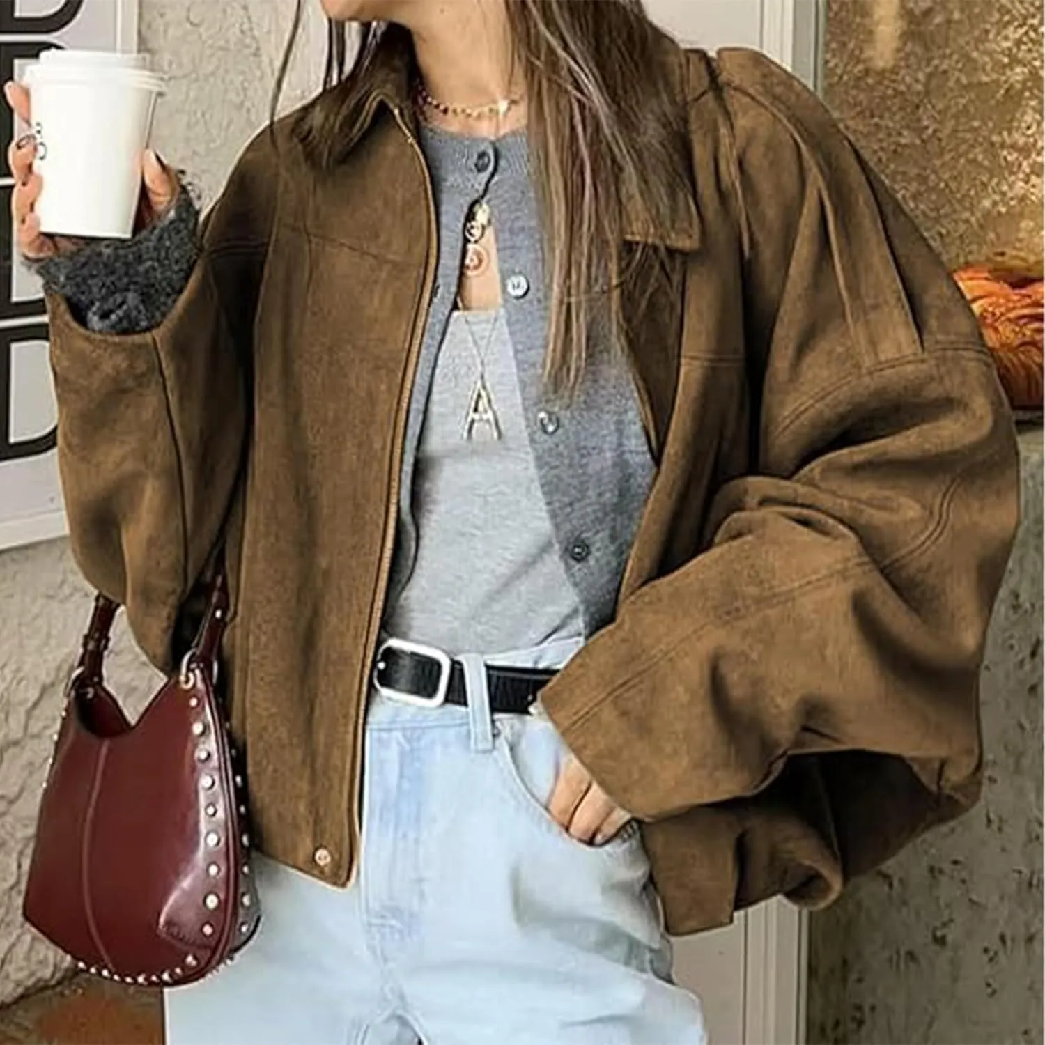 Faux Suede Jacket Women Oversized Long Sleeve Zip Up Epaulet Bomber Leather Jackets Oversized Casual Coat