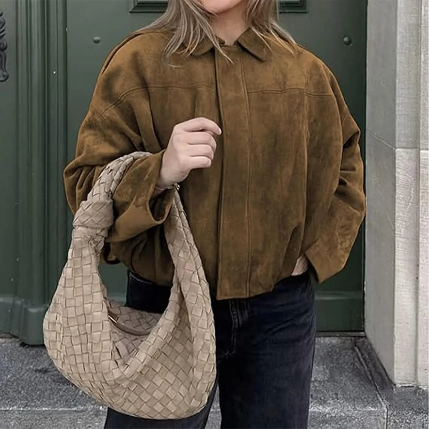 Faux Suede Jacket Women Oversized Long Sleeve Zip Up Epaulet Bomber Leather Jackets Oversized Casual Coat