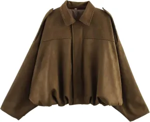 Faux Suede Jacket Women Oversized Long Sleeve Zip Up Epaulet Bomber Leather Jackets Oversized Casual Coat