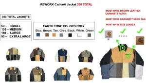 Fleek Credit: Custom Carhartt Rework Jacket (350 Total: 50 – SMALL 100 – MED 110 – LARGE 90 – XL), MUST HAVE BROWN LEATHER CARHARTT PATCH, CARHARTT NECK TAG, & SIZE LABELS. EARTH TONE COLORS ONLY (Blue, Brown, Tan, Grey, Black, White, Green) -- 50%