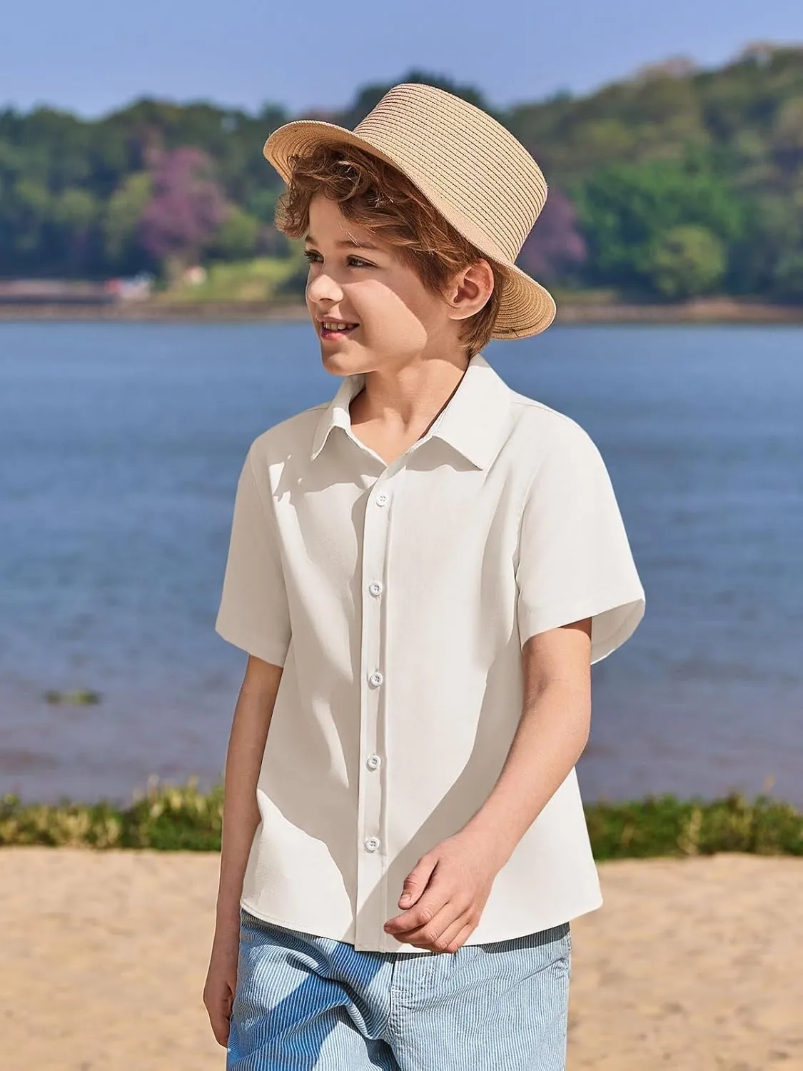 Haloumoning Boys Short Sleeve Dress Shirts Kids Summer School Uniform Button Down Shirt 5-14 Years