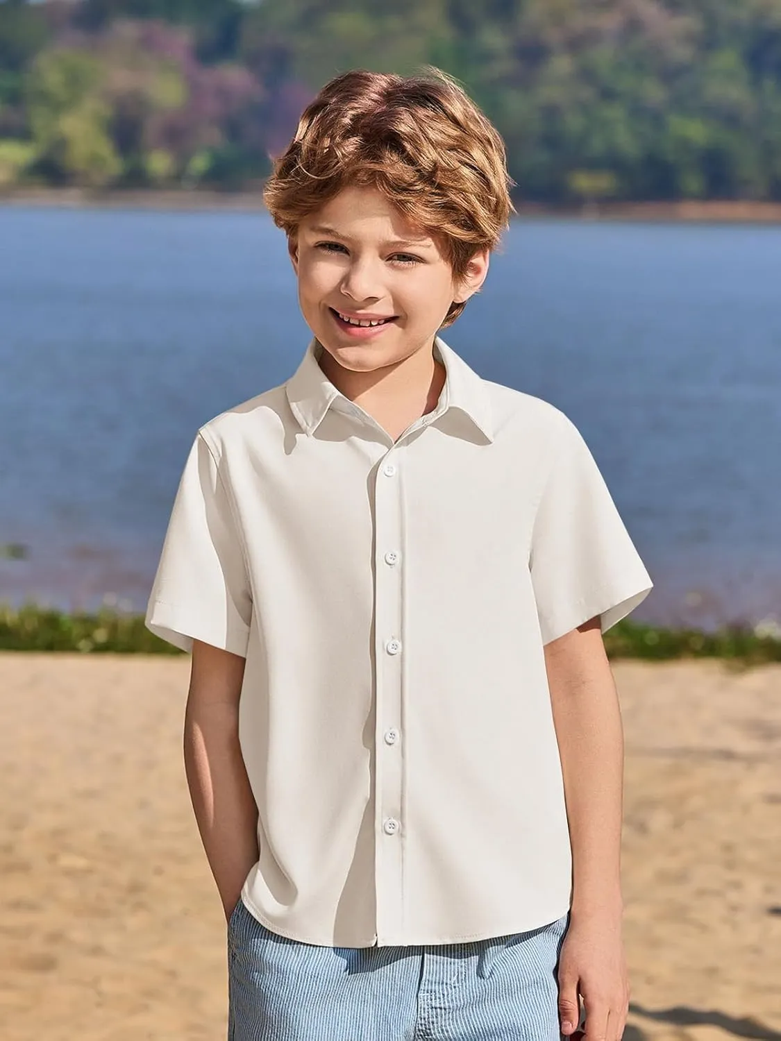 Haloumoning Boys Short Sleeve Dress Shirts Kids Summer School Uniform Button Down Shirt 5-14 Years