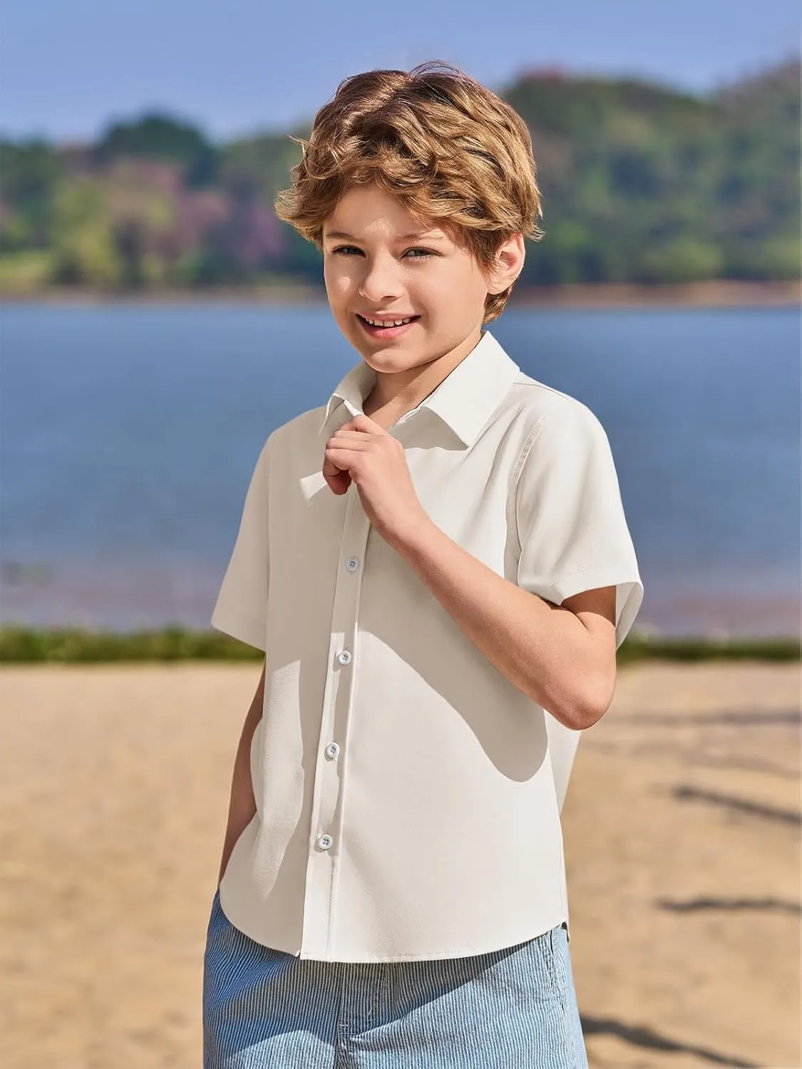 Haloumoning Boys Short Sleeve Dress Shirts Kids Summer School Uniform Button Down Shirt 5-14 Years