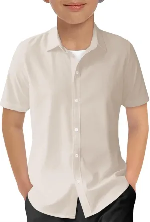 Haloumoning Boys Short Sleeve Dress Shirts Kids Summer School Uniform Button Down Shirt 5-14 Years