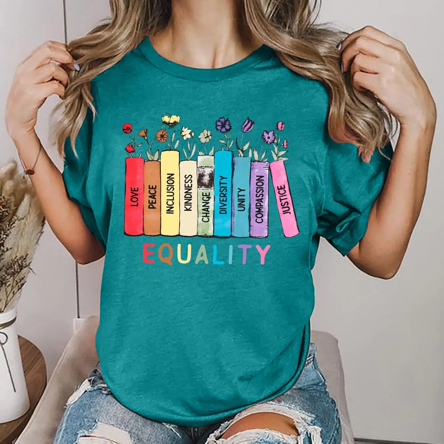 hohololo Pride Shirts Women Equality Tshirt Kindness Floral Book Rainbow Graphic Tee Lesbian LGBTQ Tops