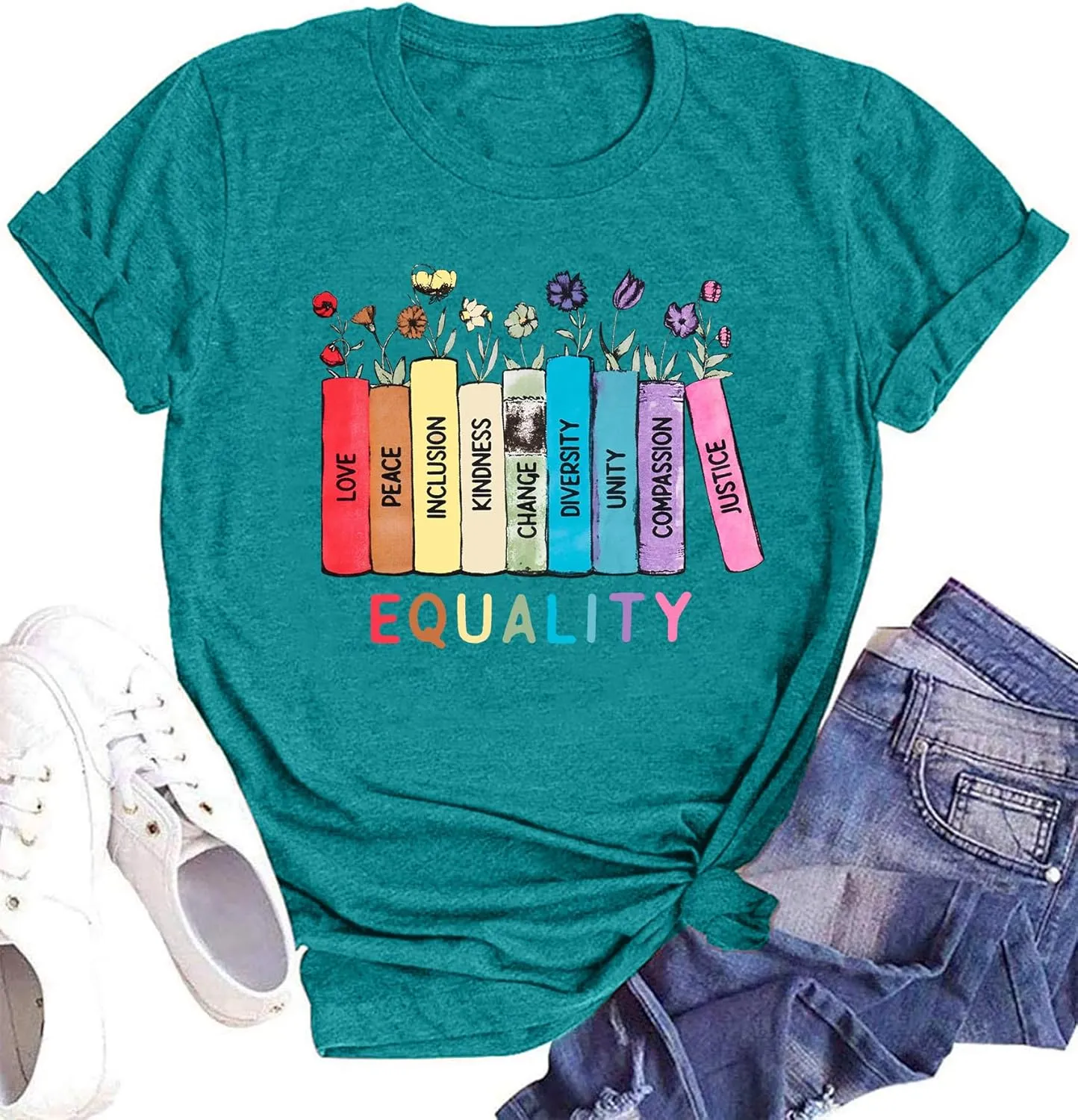 hohololo Pride Shirts Women Equality Tshirt Kindness Floral Book Rainbow Graphic Tee Lesbian LGBTQ Tops