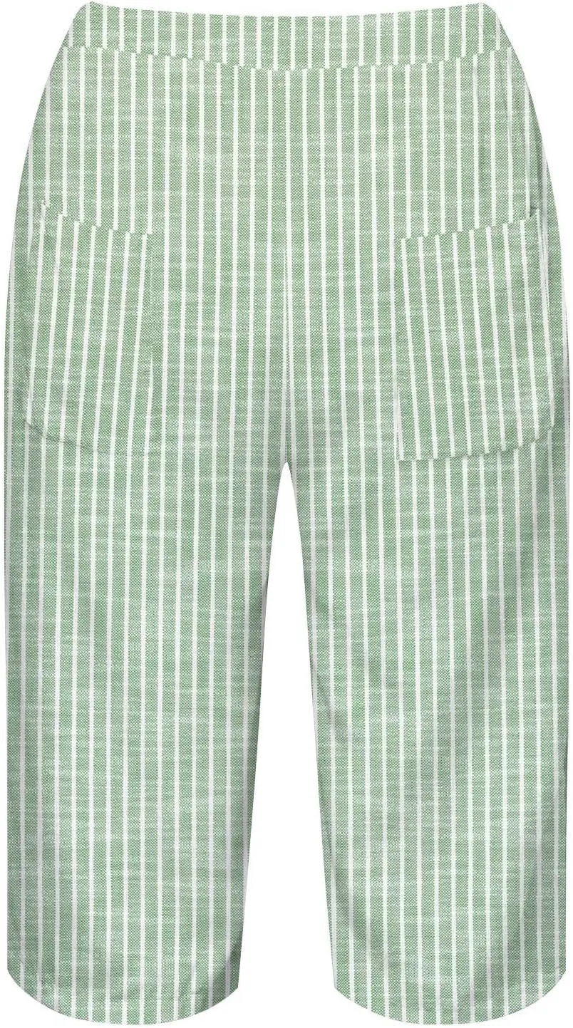 LCMTWX Linen Pants Women Work Pants Womens Autumn Linen Striped Elastic Waistband High Waistband Two Pockets Casual Pants