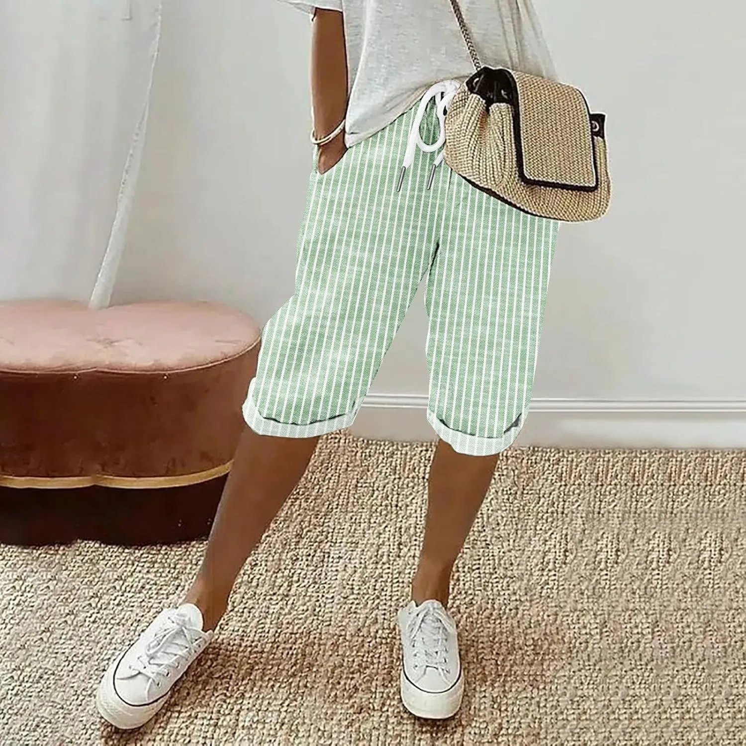 LCMTWX Linen Pants Women Work Pants Womens Autumn Linen Striped Elastic Waistband High Waistband Two Pockets Casual Pants