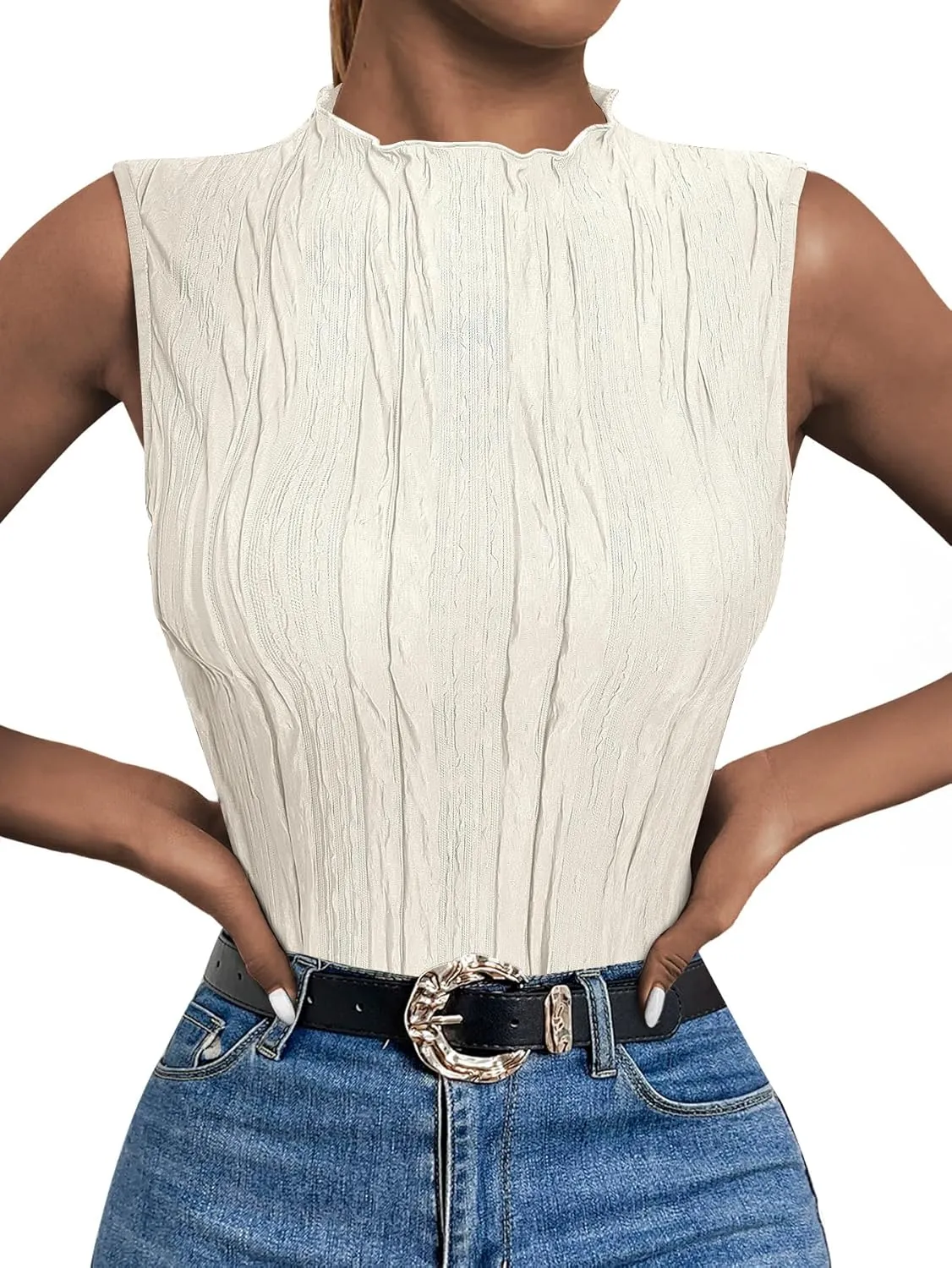 LILLUSORY Women's Mock Neck Business Casual Tank Tops Sleeveless Ruched Work Blouse Fitted 2025 Trendy Shirts