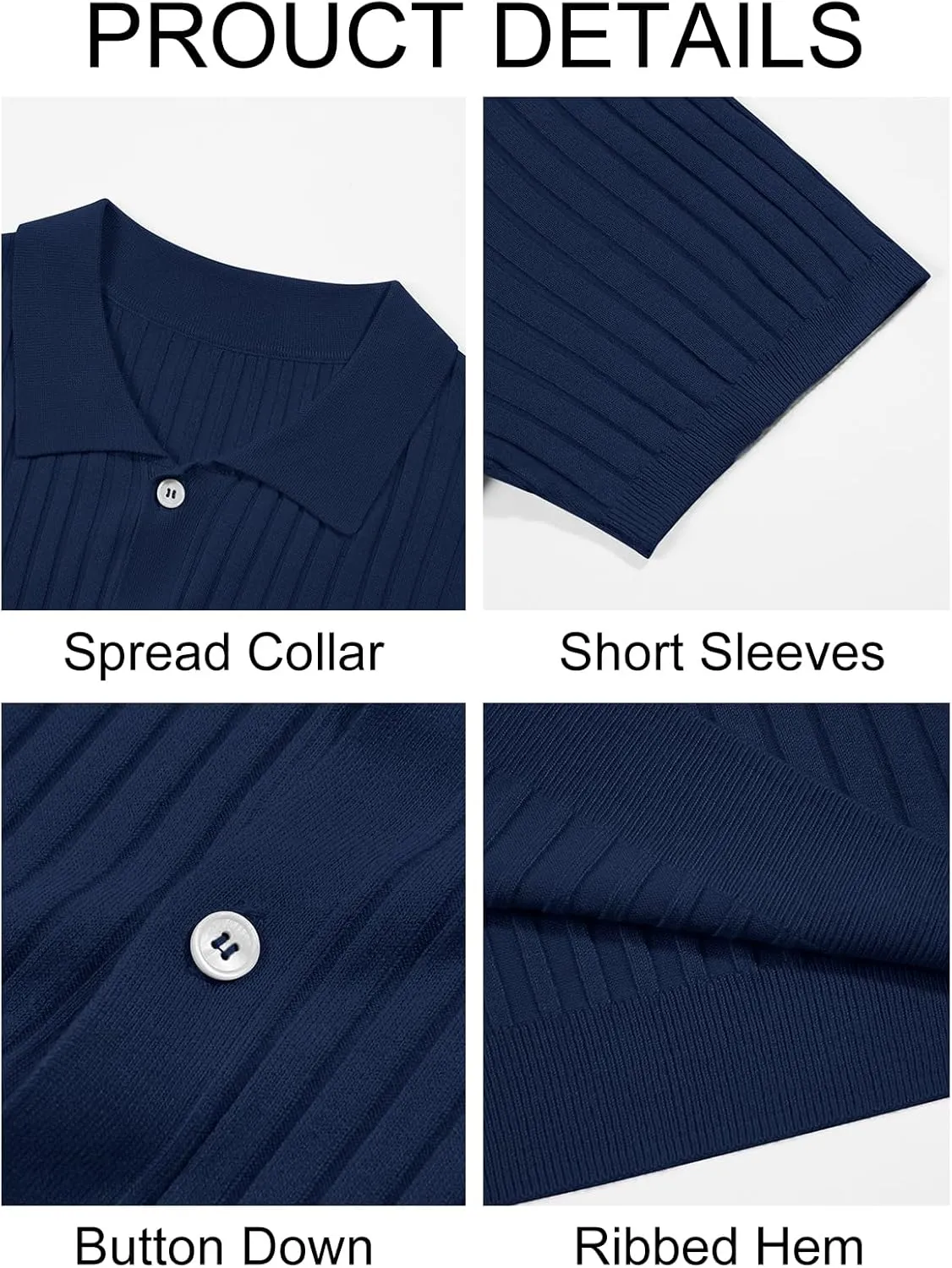 Mens Knit Polo Shirt Short Sleeve Button Down Golf Shirts Causal Ribbed Summer Beach Tops