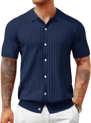 Mens Knit Polo Shirt Short Sleeve Button Down Golf Shirts Causal Ribbed Summer Beach Tops