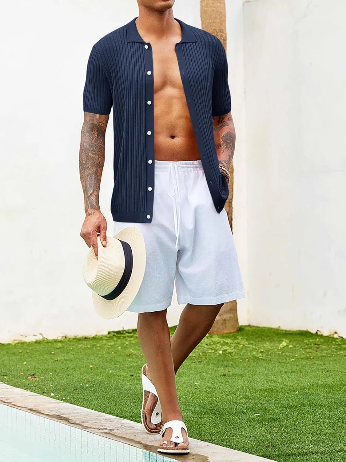 Mens Knit Polo Shirt Short Sleeve Button Down Golf Shirts Causal Ribbed Summer Beach Tops