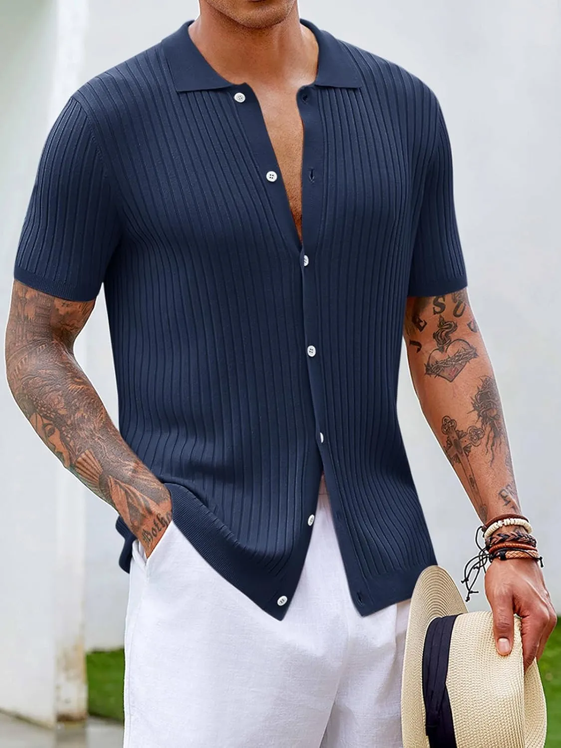 Mens Knit Polo Shirt Short Sleeve Button Down Golf Shirts Causal Ribbed Summer Beach Tops