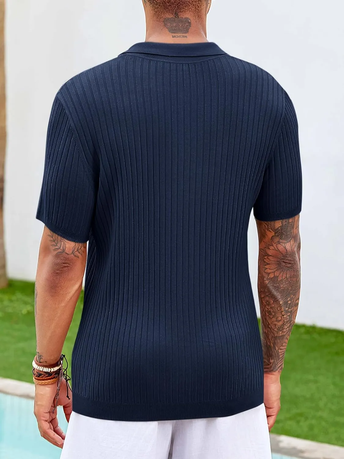 Mens Knit Polo Shirt Short Sleeve Button Down Golf Shirts Causal Ribbed Summer Beach Tops