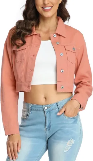 PEIQI Womens Cropped Jean Denim Jacket Button Down Long Sleeve with Pockets