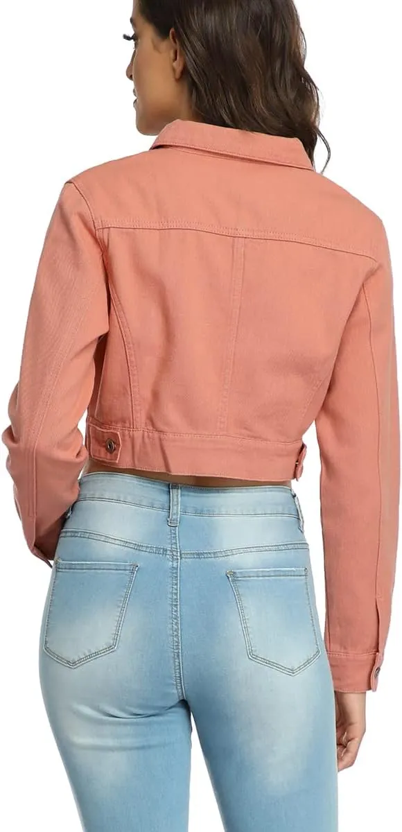 PEIQI Womens Cropped Jean Denim Jacket Button Down Long Sleeve with Pockets