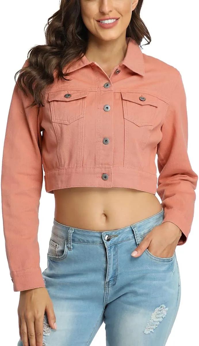 PEIQI Womens Cropped Jean Denim Jacket Button Down Long Sleeve with Pockets