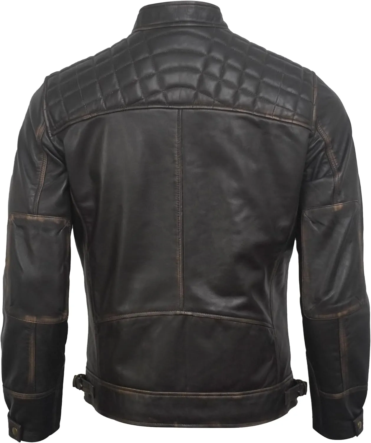 Real Leather Jacket Men - Quilted Biker Style Stand Collar Zip-Up Fashion Motorcycle Leather Jackets For Mens