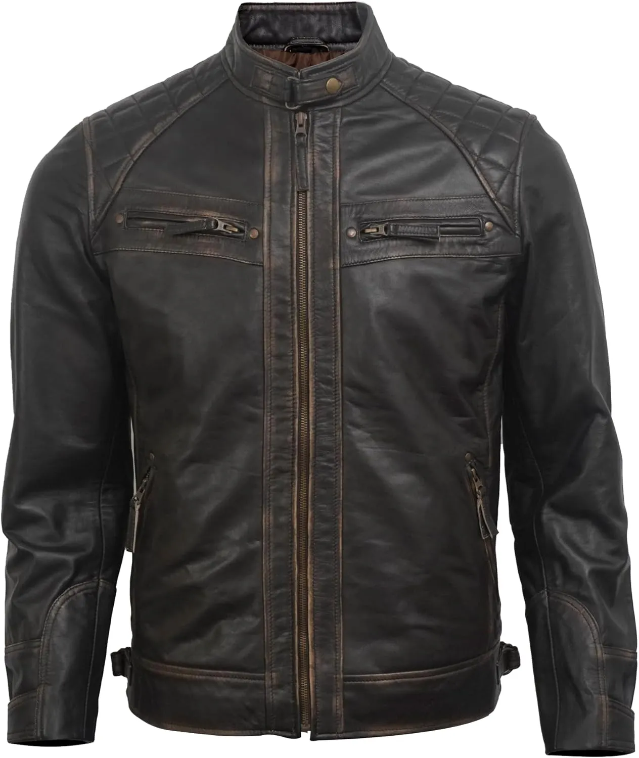Real Leather Jacket Men - Quilted Biker Style Stand Collar Zip-Up Fashion Motorcycle Leather Jackets For Mens