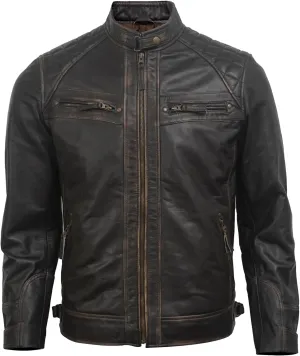 Real Leather Jacket Men - Quilted Biker Style Stand Collar Zip-Up Fashion Motorcycle Leather Jackets For Mens
