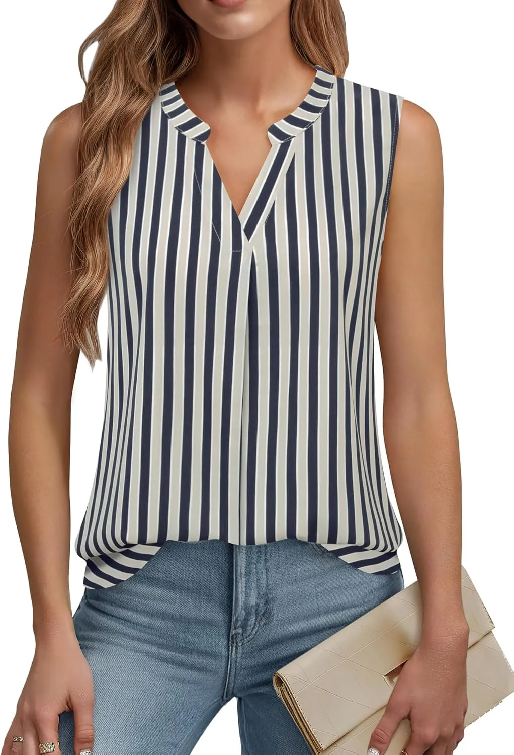 Timeson Women's Chiffon V Neck Sleeveless Blouse Tops Office Work Shirts