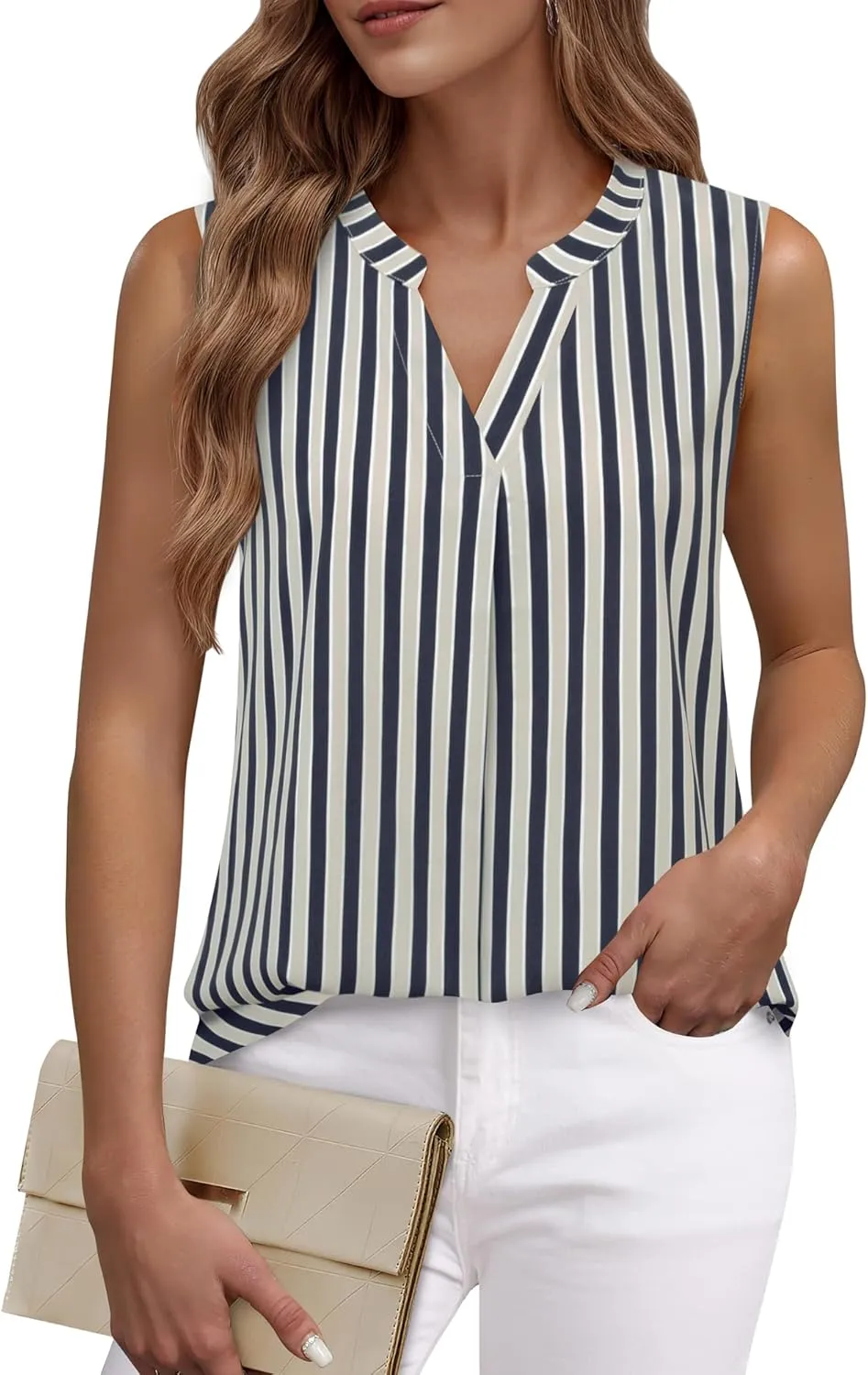 Timeson Women's Chiffon V Neck Sleeveless Blouse Tops Office Work Shirts