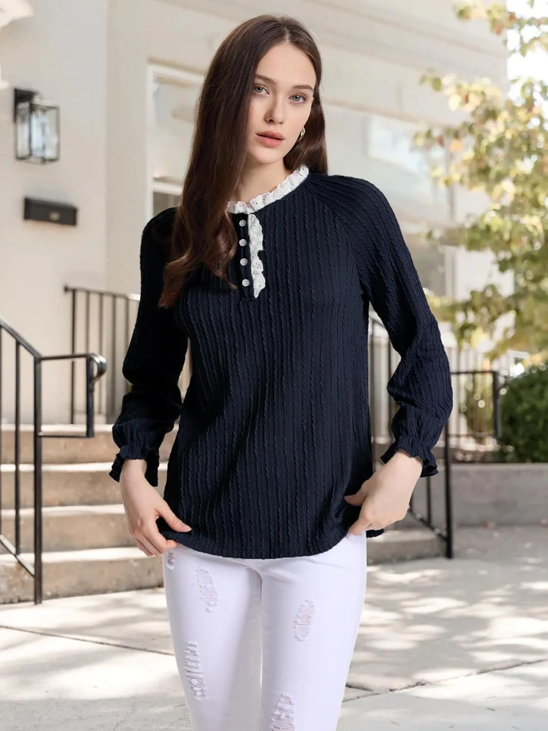 Women Lace Neck Tops Henley Shirts Button Down Tunic Long Sleeve Ruffle Cuffs Blouses Dressy Casual Fall Outfits