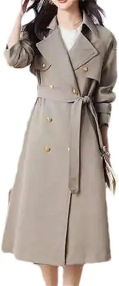Women Slim Belt Trench Coat Lapel Double Breasted Solid Patchwork Overcoat Solid Office Midd Jacket