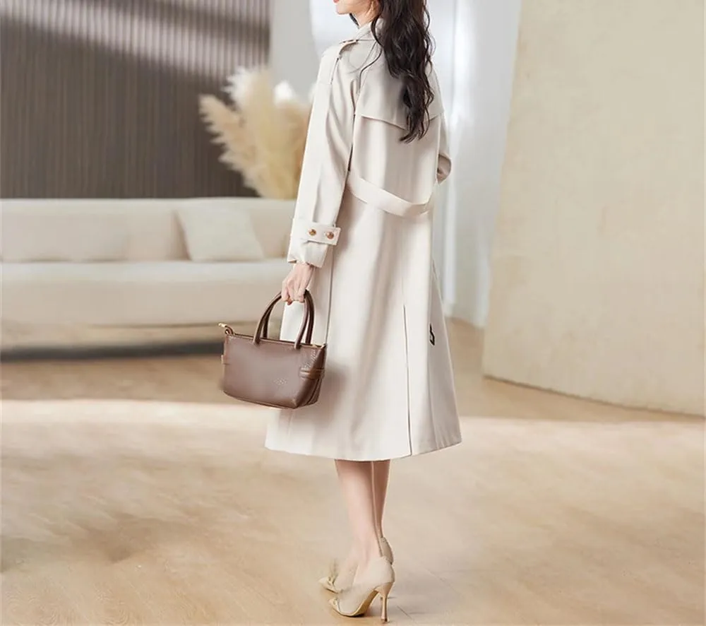 Women Slim Belt Trench Coat Lapel Double Breasted Solid Patchwork Overcoat Solid Office Midd Jacket