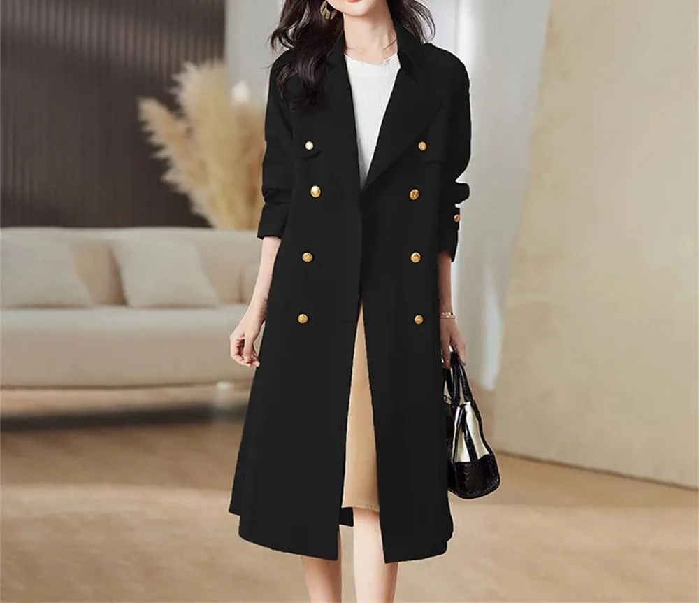 Women Slim Belt Trench Coat Lapel Double Breasted Solid Patchwork Overcoat Solid Office Midd Jacket