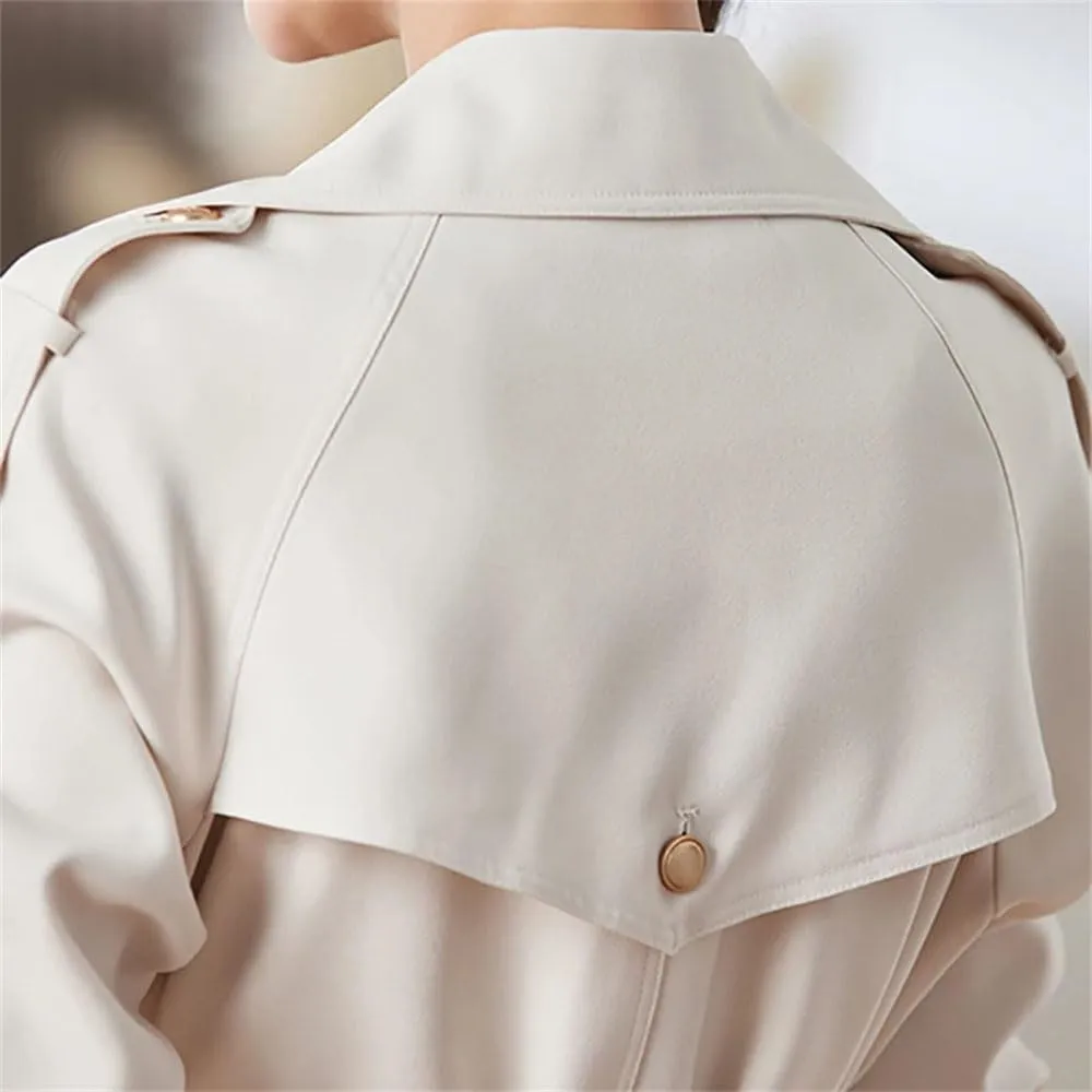 Women Slim Belt Trench Coat Lapel Double Breasted Solid Patchwork Overcoat Solid Office Midd Jacket