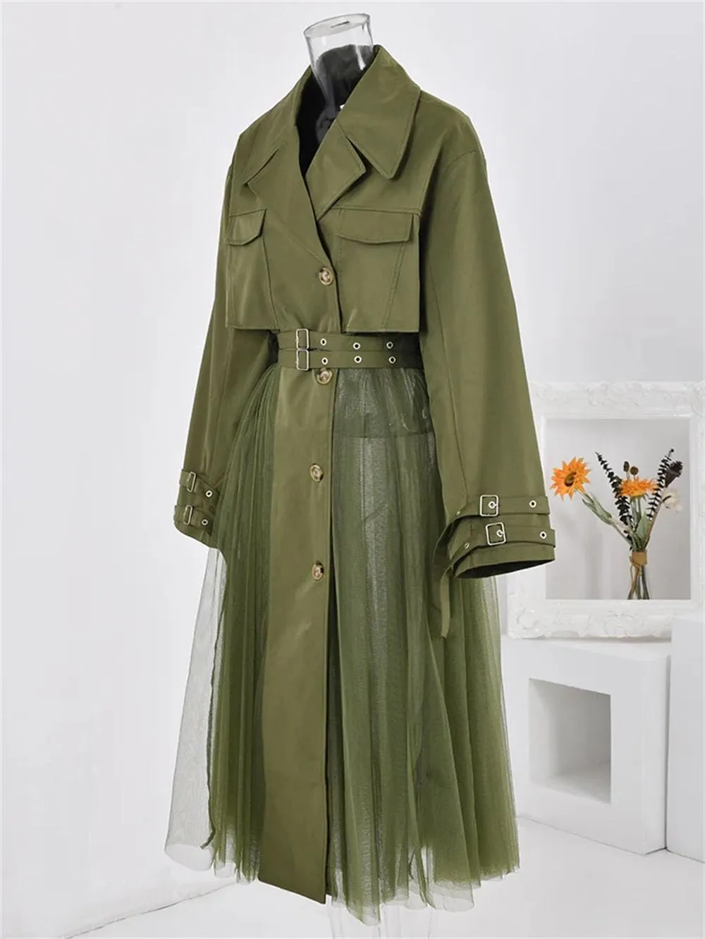Women Vintage Tulle Patchwork Trenchcoats Lapel Double Belt Slim Waist Trench Lapel Single Breasted Coat